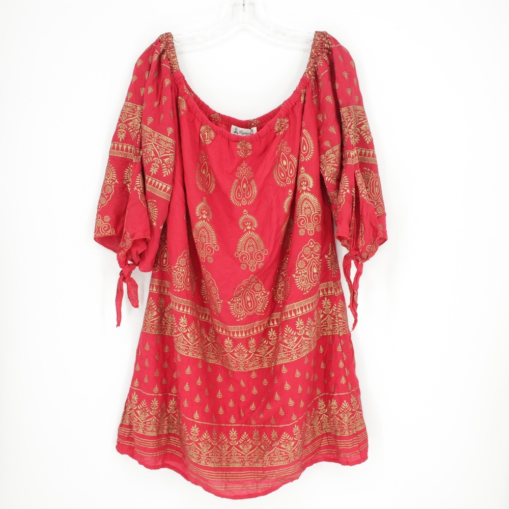 Lapogee‎ Women's Red Gold Metallic Paisley Boho Off Shoulder Tunic Top Size 2X